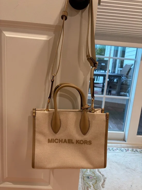 MICHAEL KORS Cream Canvas Tote with Tan Leather Trim and Gold Hardware - Picture 2 of 2